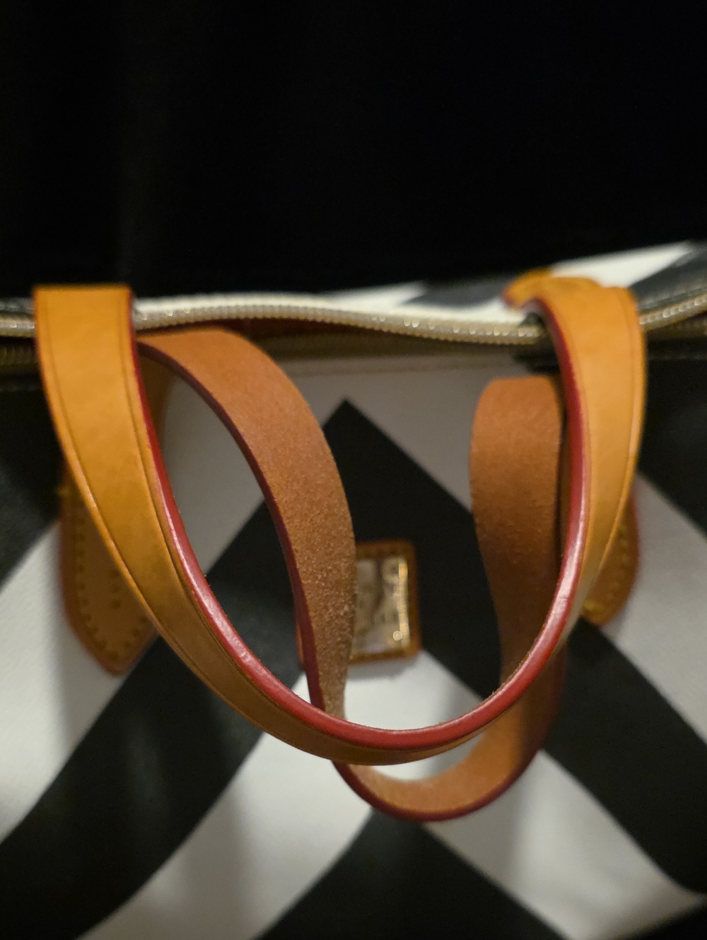 Dooney & Bourke Structured Chevron Satchel Bag - Black & White with Tan Trim - Picture 3 of 12